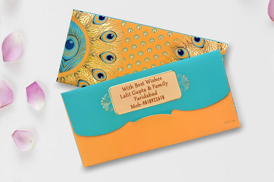 Mustard Peacock Feather Shagun Envelope Personalised- Pack Of 20