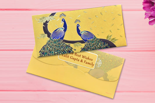 Yellow Peacocks Shagun Envelope Personalised- Pack of 20