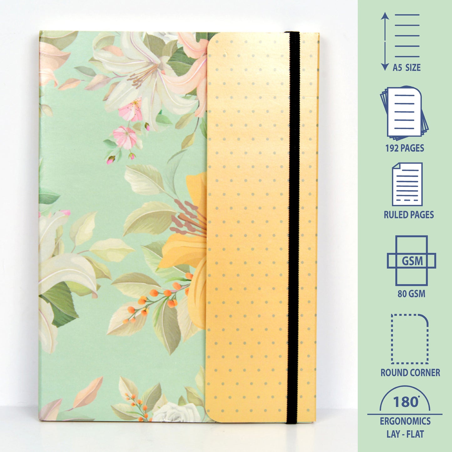 Metallic Floral Pistachio A5 Softbound With Half Jacket Notebook