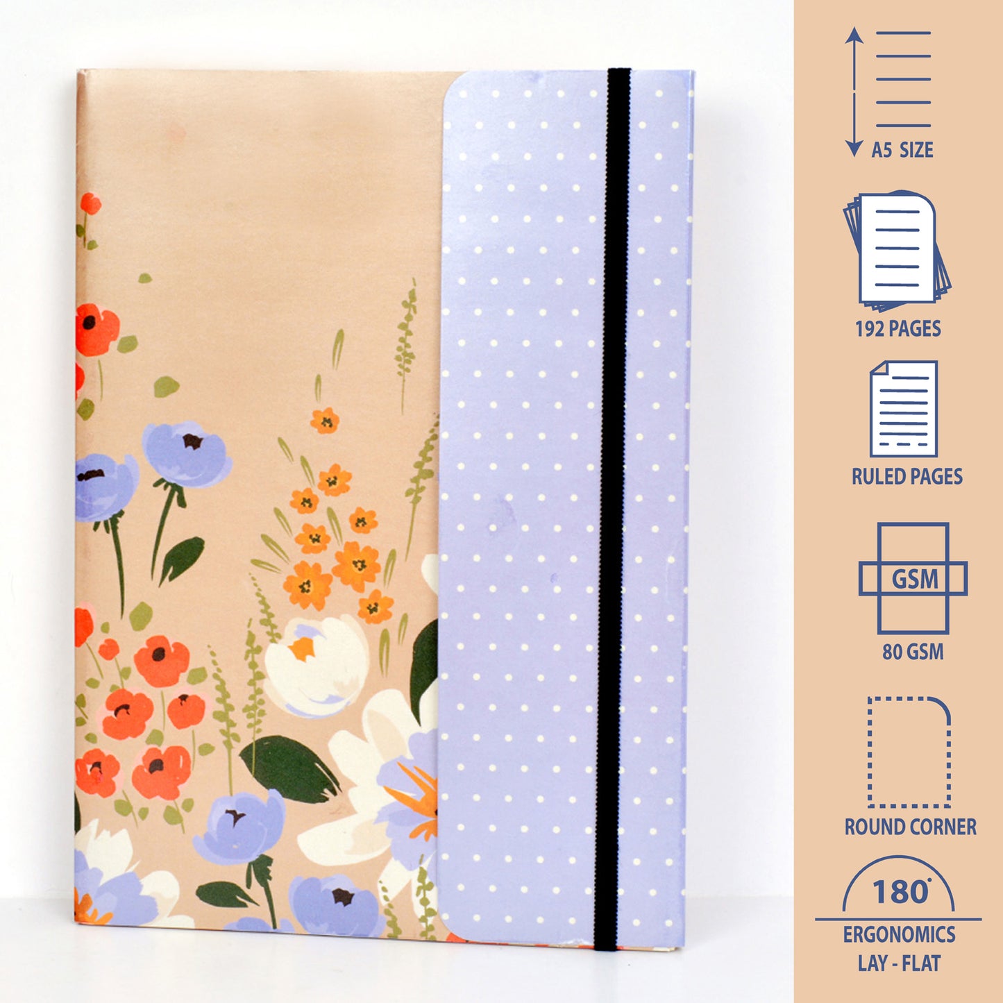 Metallic Floral Peach A5 Softbound With Half Jacket Notebook