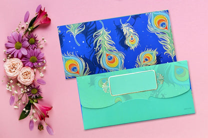 Peacock feather Designer Shagun Envelopes -Pack of 10 (With Luxor Marker)