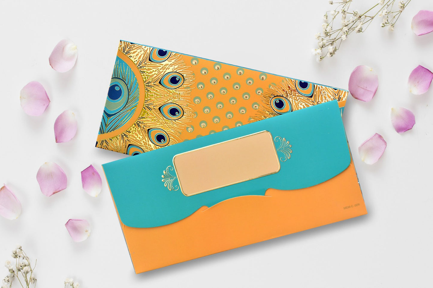 Mustard Peacock feather Design Shagun Envelope -Pack of 10(With Luxor Marker)