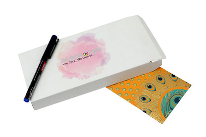 Mustard Peacock feather Design Shagun Envelope -Pack of 10(With Luxor Marker)