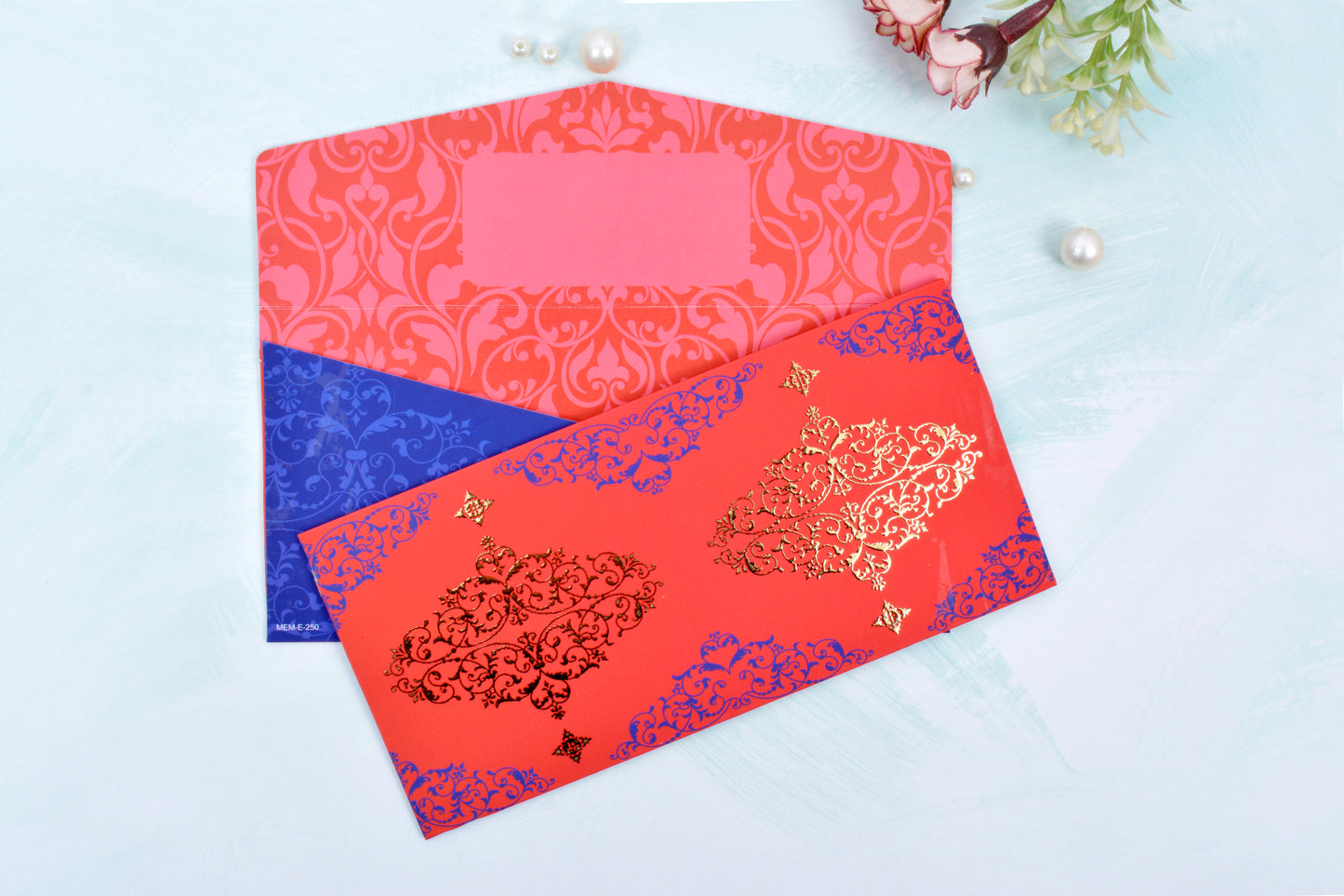 Red Swirl Damask Shagun Envelope- Pack of 10 (With Luxor Marker)