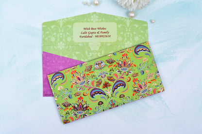 Green Mughal Damask Personalised Shagun Envelope- Pack of 20