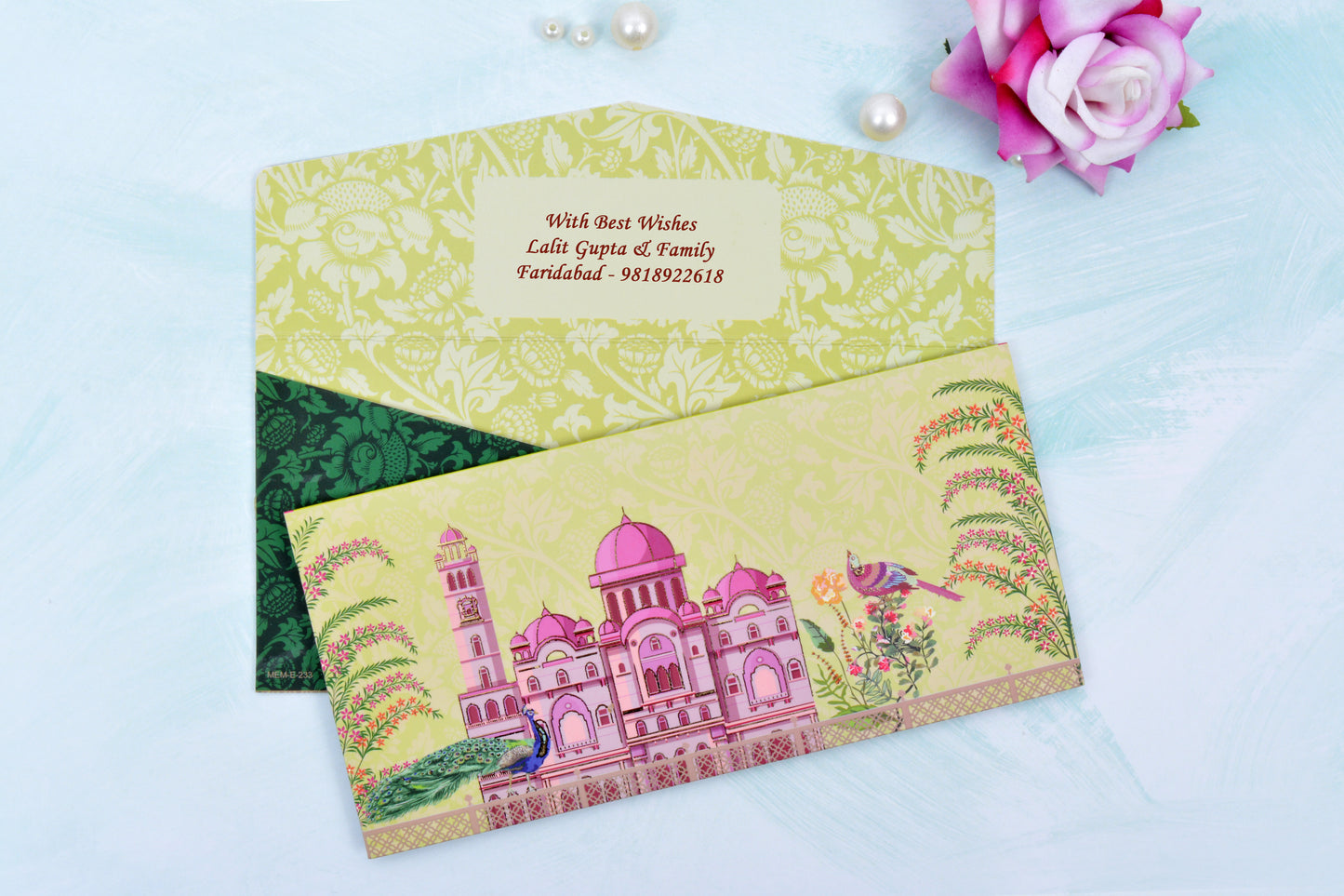 Tea Green Mughal Fort Personalised Shagun Envelope- Pack of 20