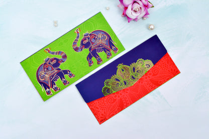 Green Ethnic Elephant Shagun Envelope- Pack of 10(With Luxor Marker)