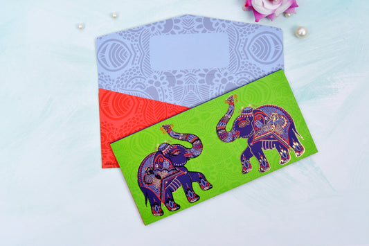 Green Ethnic Elephant Shagun Envelope- Pack of 10(With Luxor Marker)