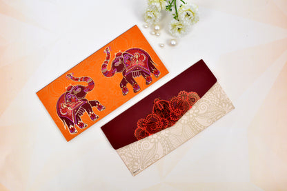 Orange Ethnic Elephant Shagun Envelope- Pack of 10(With Luxor Marker)