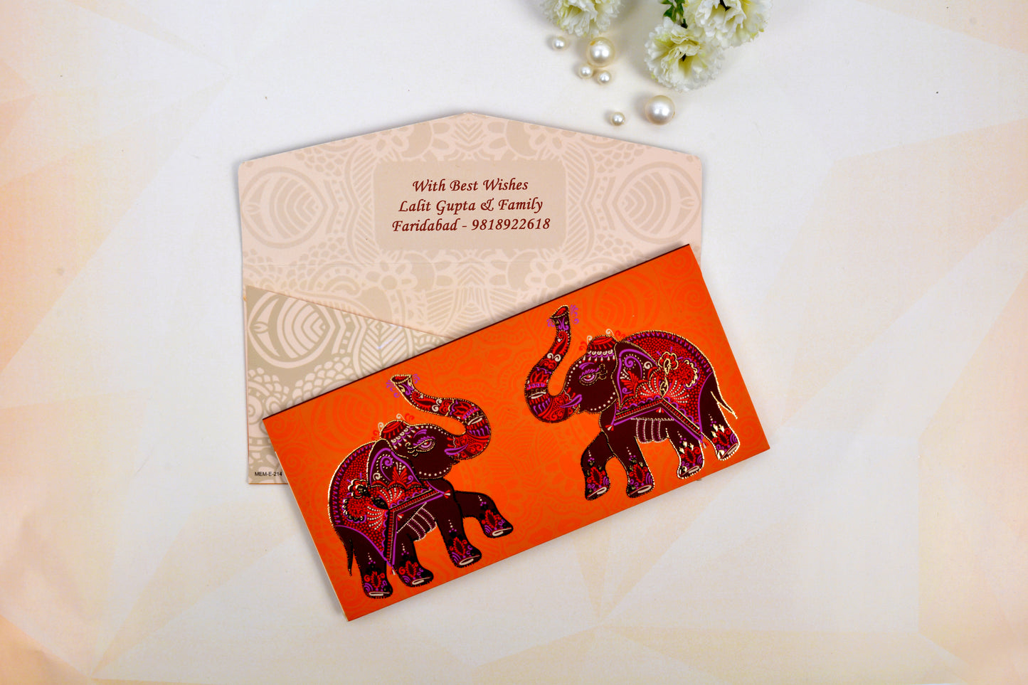 Orange Ethnic Elephant Personalised Shagun Envelope- Pack of 20