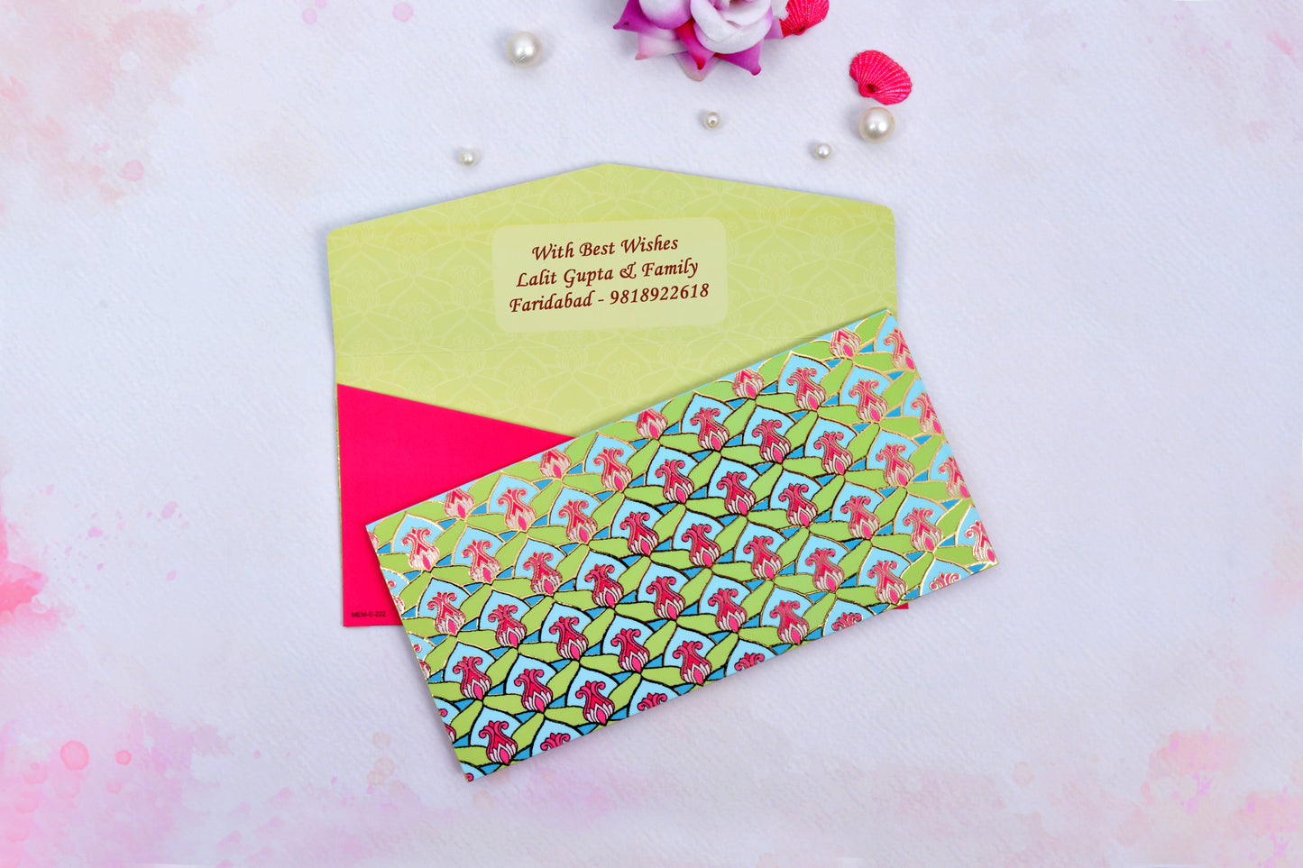 Green Geo Lotus Personalised Shagun Envelope- Pack of 20