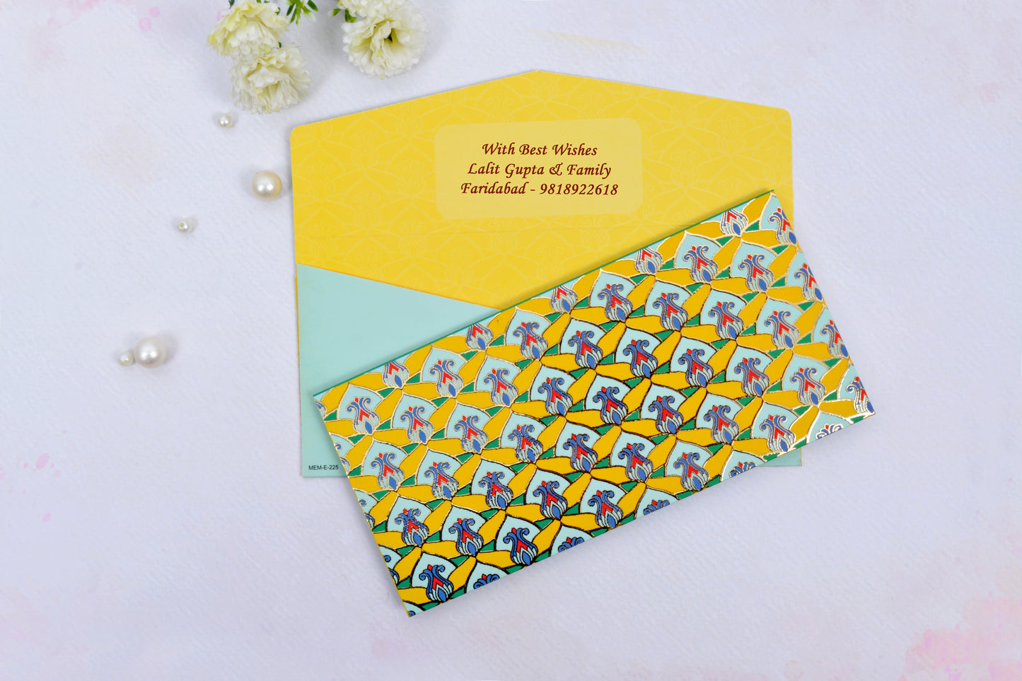 Yellow Geo Lotus Personalised Shagun Envelope- Pack of 20